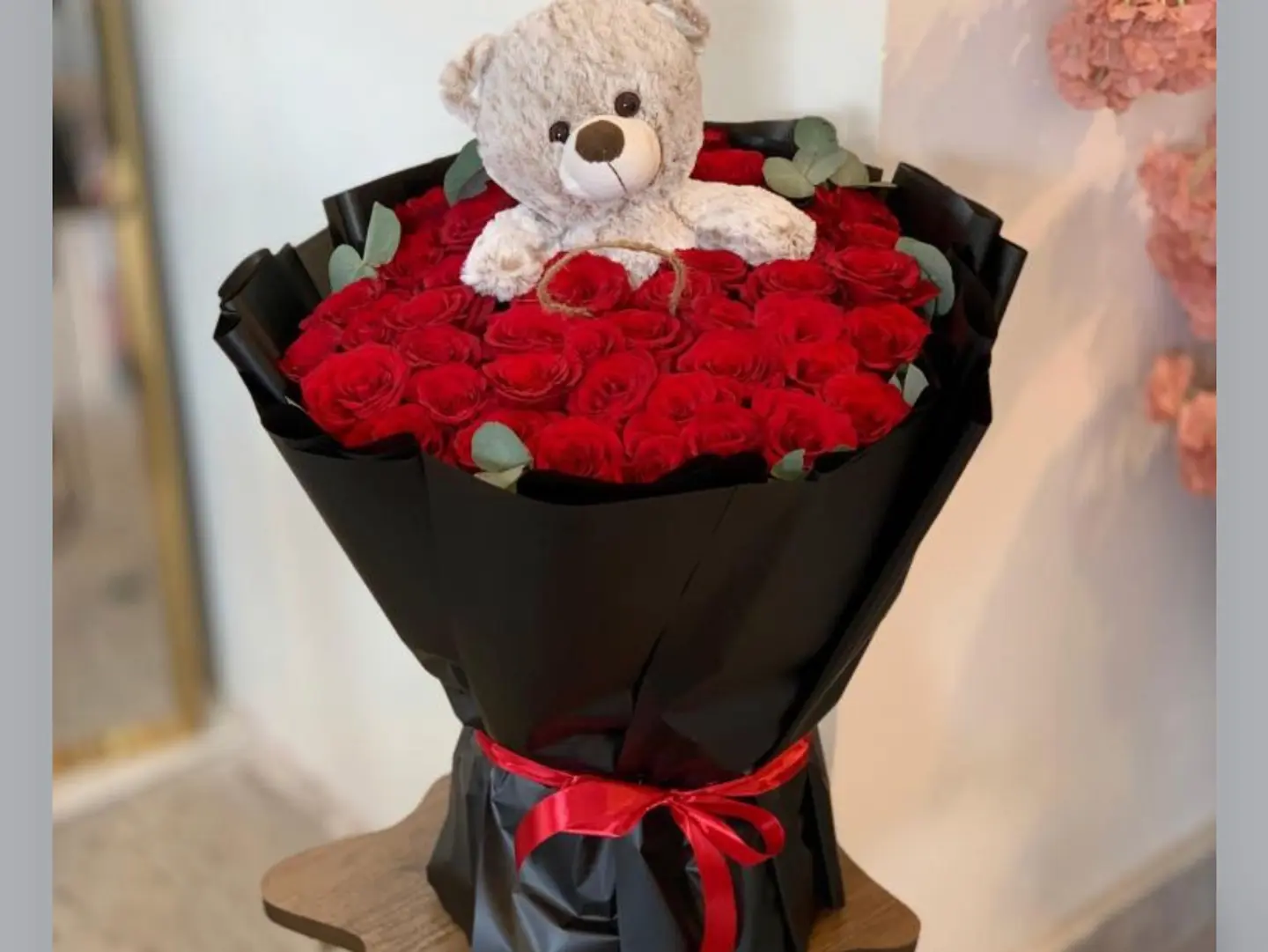 Bouquet Of Roses And Little Bear