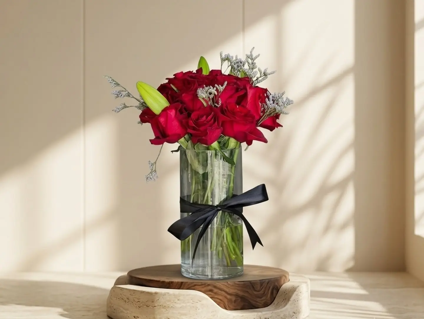 A Vase Of Red Roses With A Casa