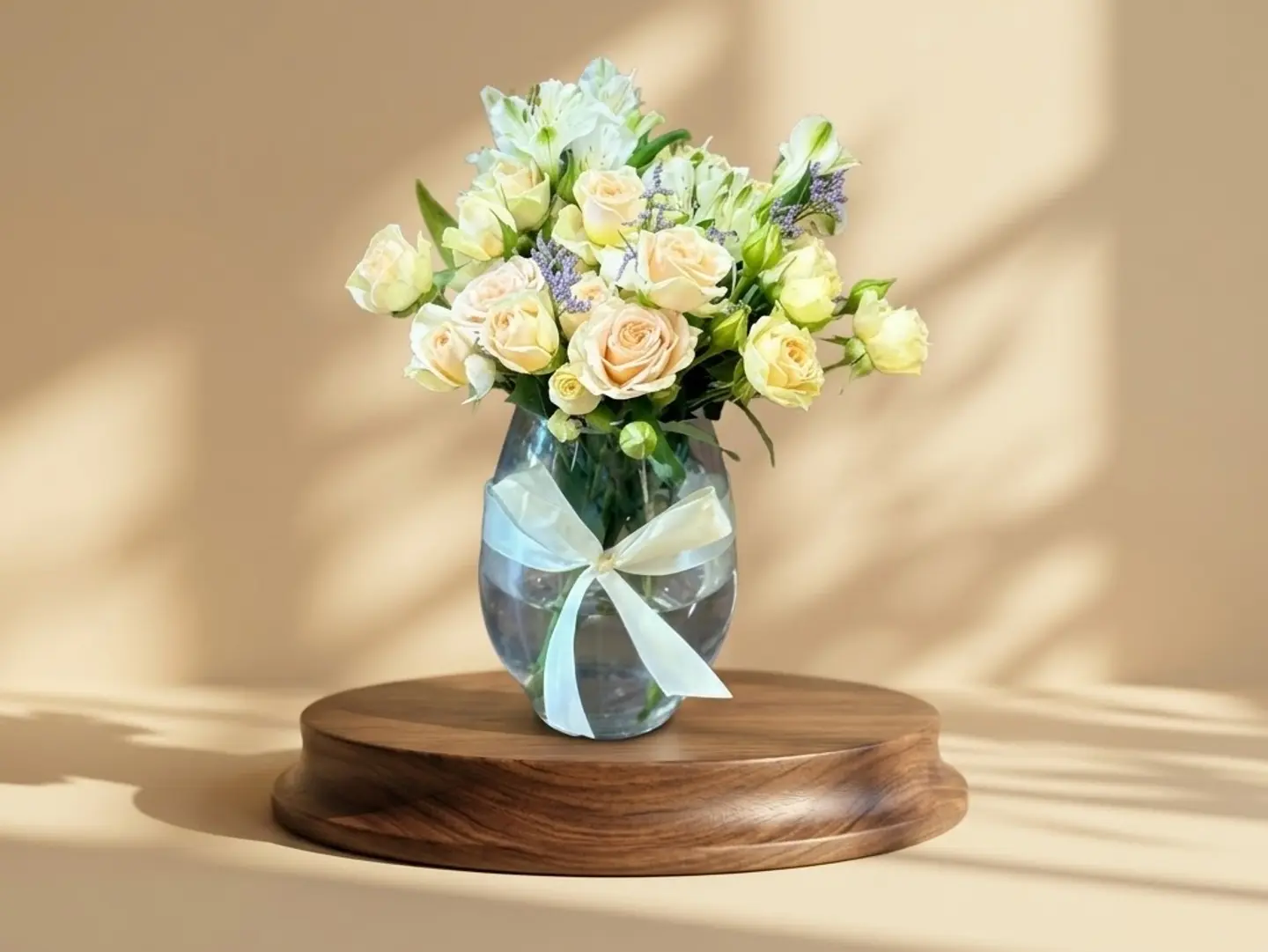 A Vase Of Natural, Cream Colored Roses With Dutch Steatosis