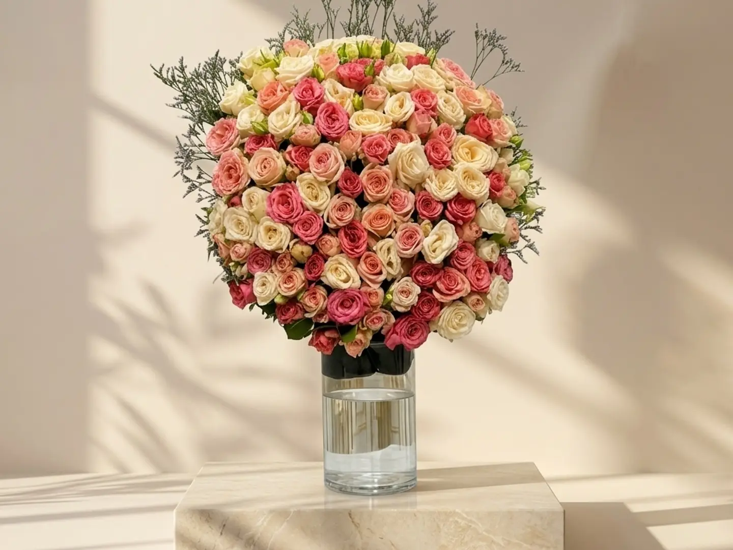A Uniquely Shaped, Spherical Vase Of Natural Roses