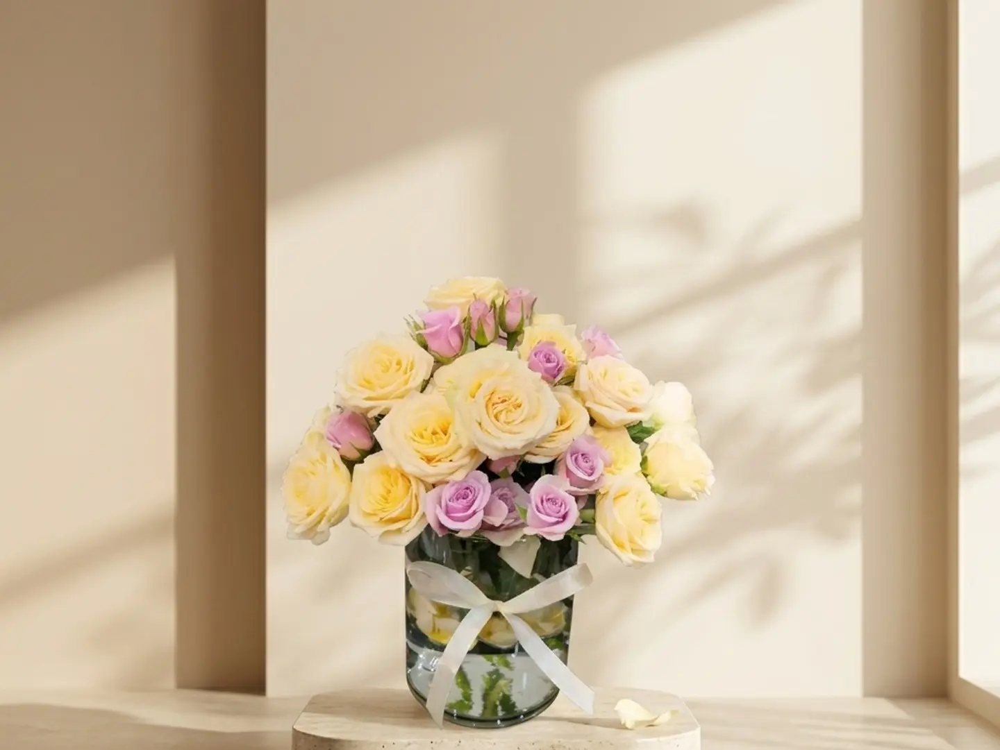 An Elegant Vase Of Natural Roses And A Ribbon