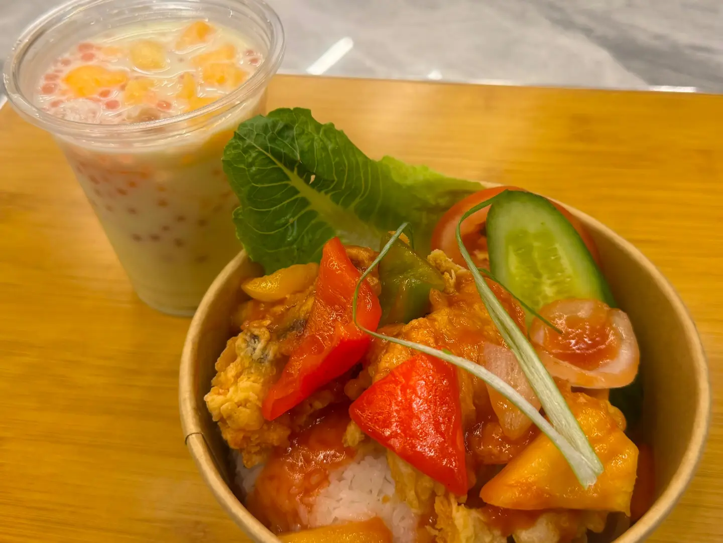Rice Bowl Nila Crispy Sour And Sweet + Ice Melon Sago