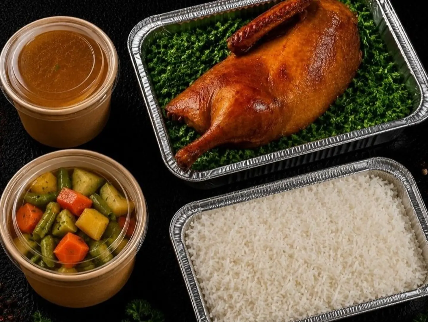 Half Duck Meal With Rice, Vegetables, And Soup