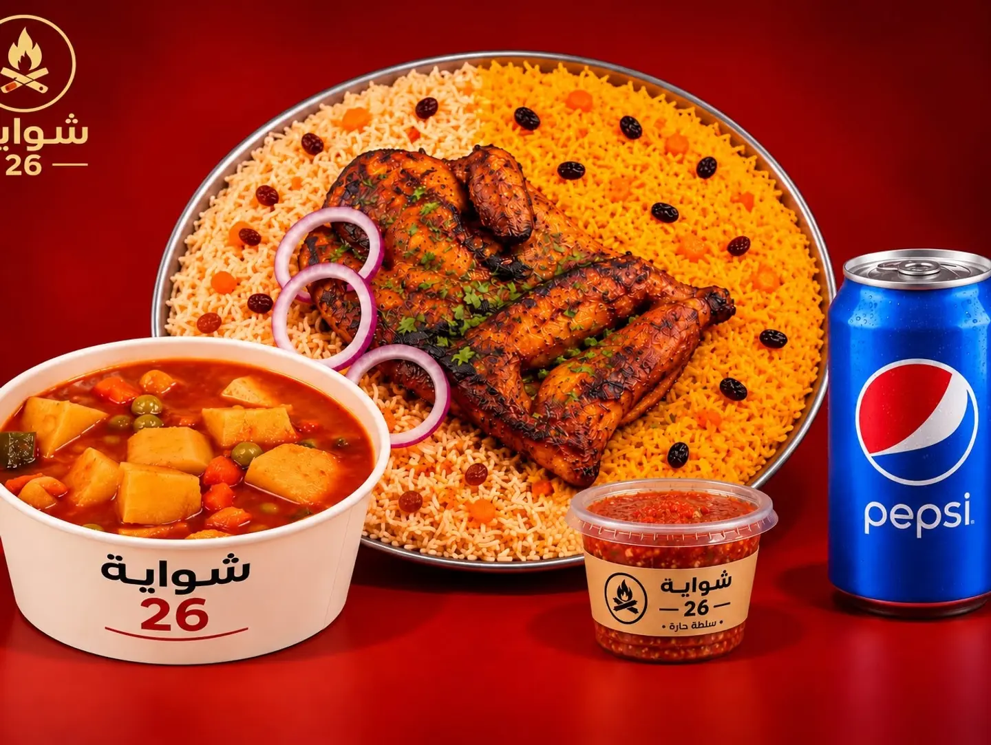 نصف حبة دجاج على الفحم مع الأرز، بيبسي، سلطة طماطم حارة، إيدام