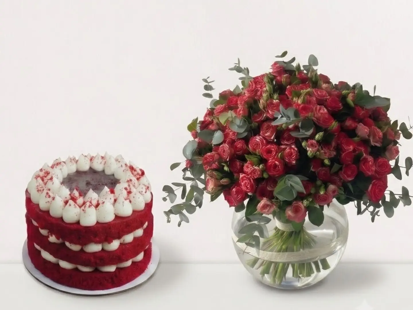 Red Velvet Cake & Roses Vase