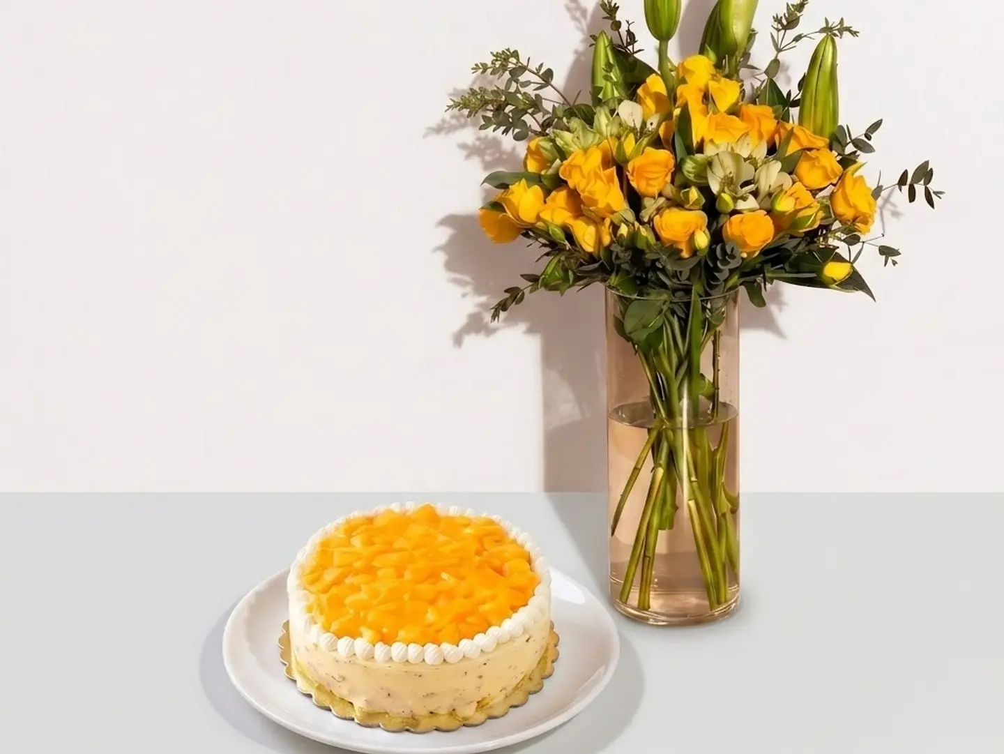 Yellow Roses Vase With Mango Cake