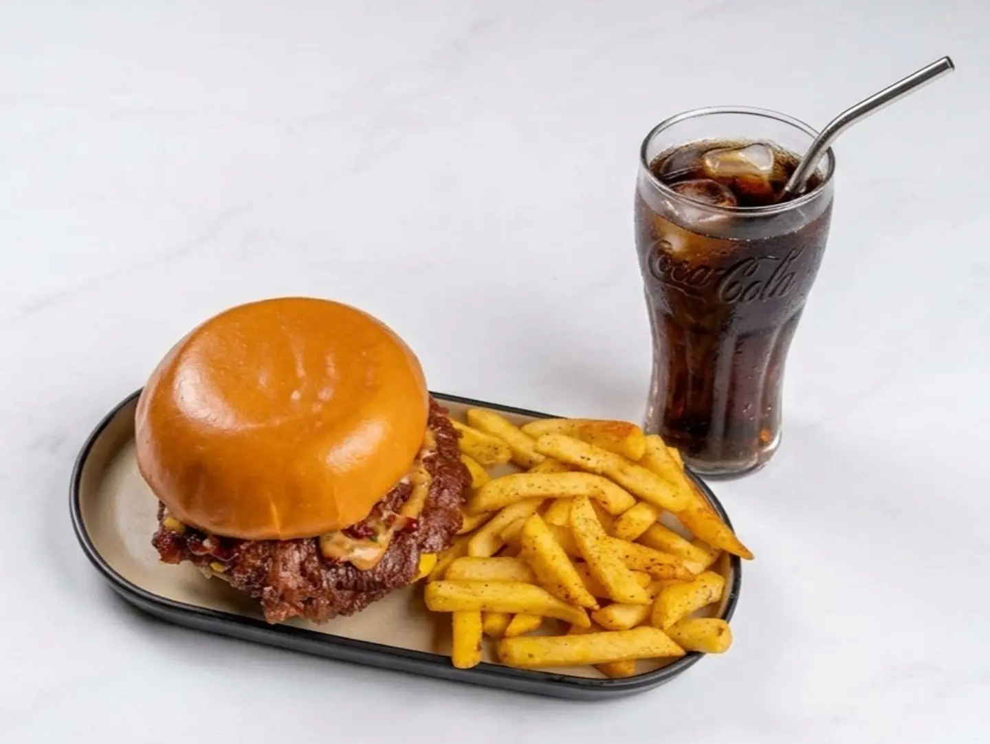 A Complete Meal Featuring A Smashed Burger Made From Premium Australian Angus Beef.