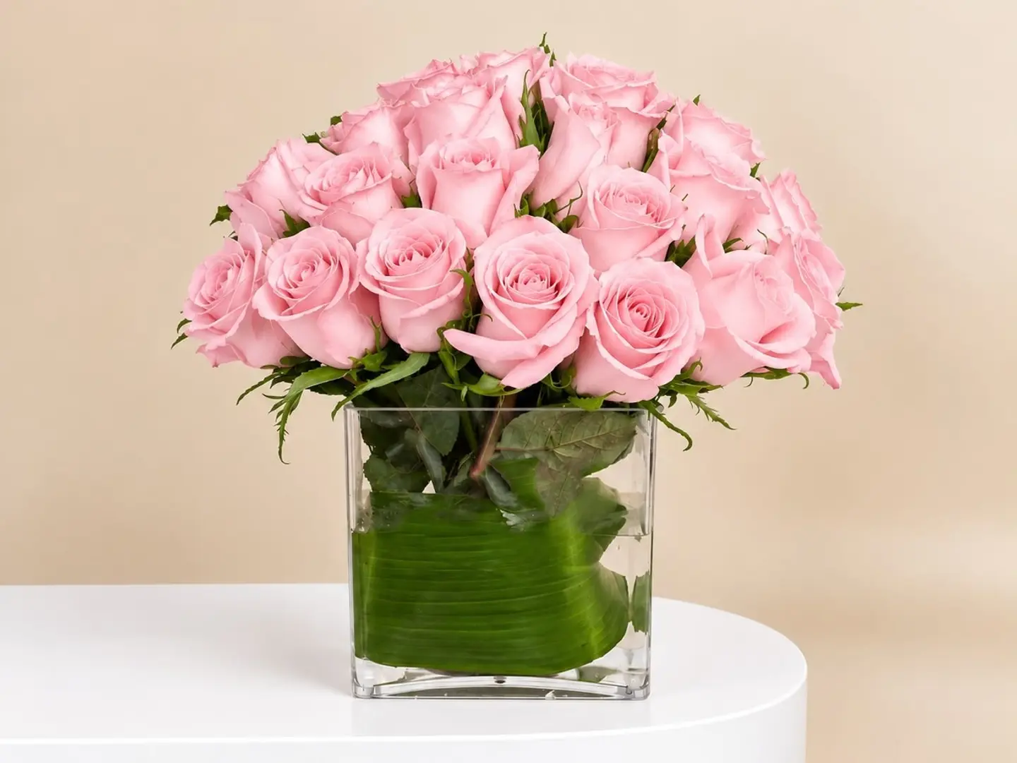 Square Glass Vase With Pink Roses