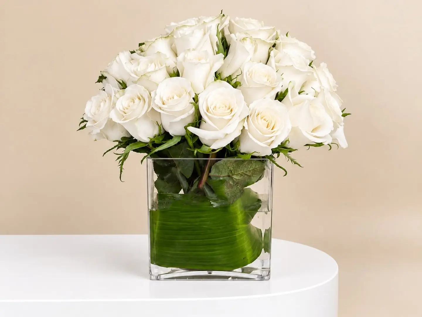 Square Glass Vase With White Roses