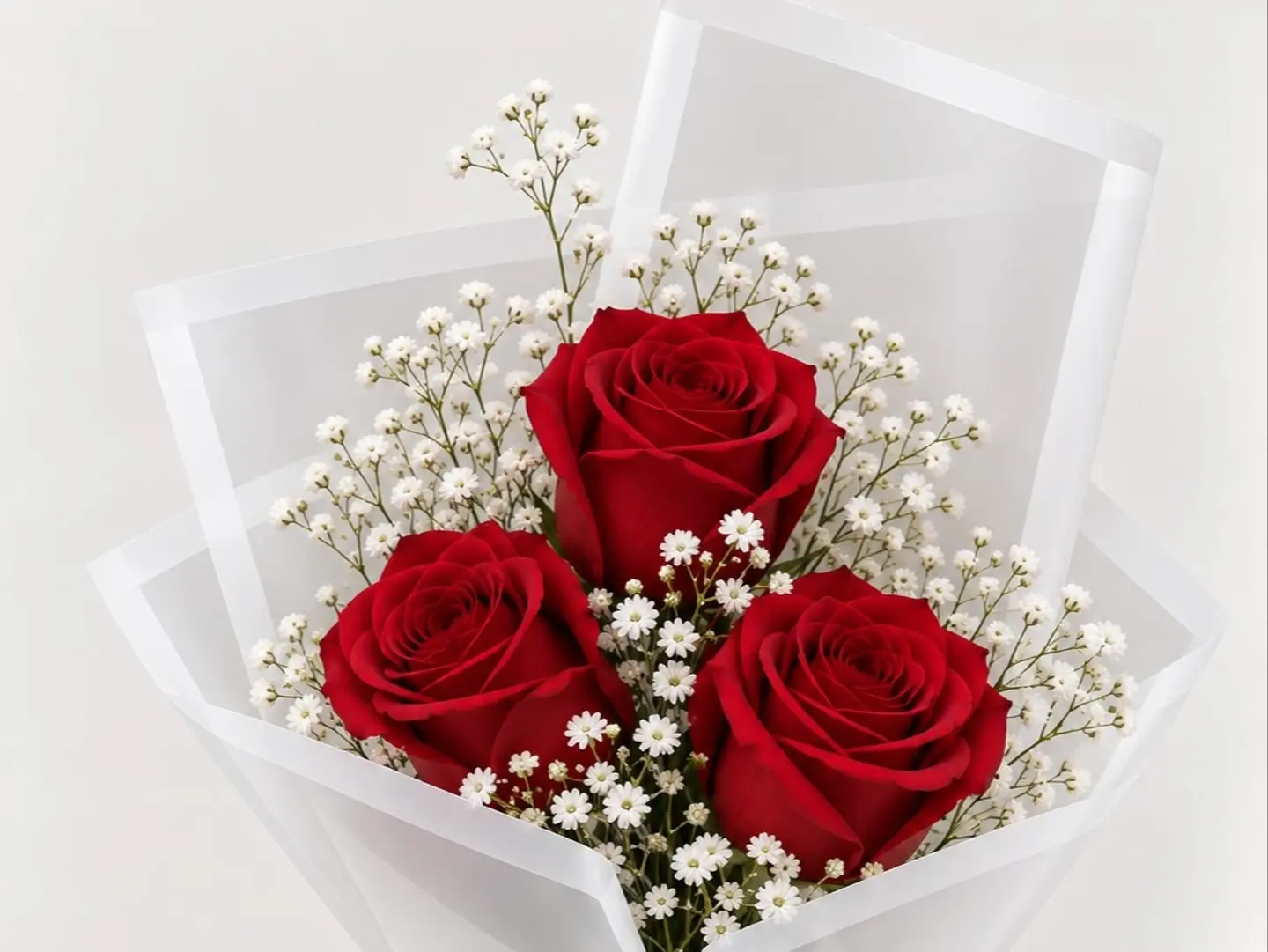 Red Roses With White Wrapping And Gypsophila