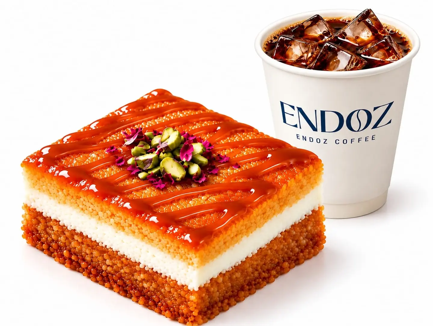 Large Iced V60 And Caramel Cheese Basbousa