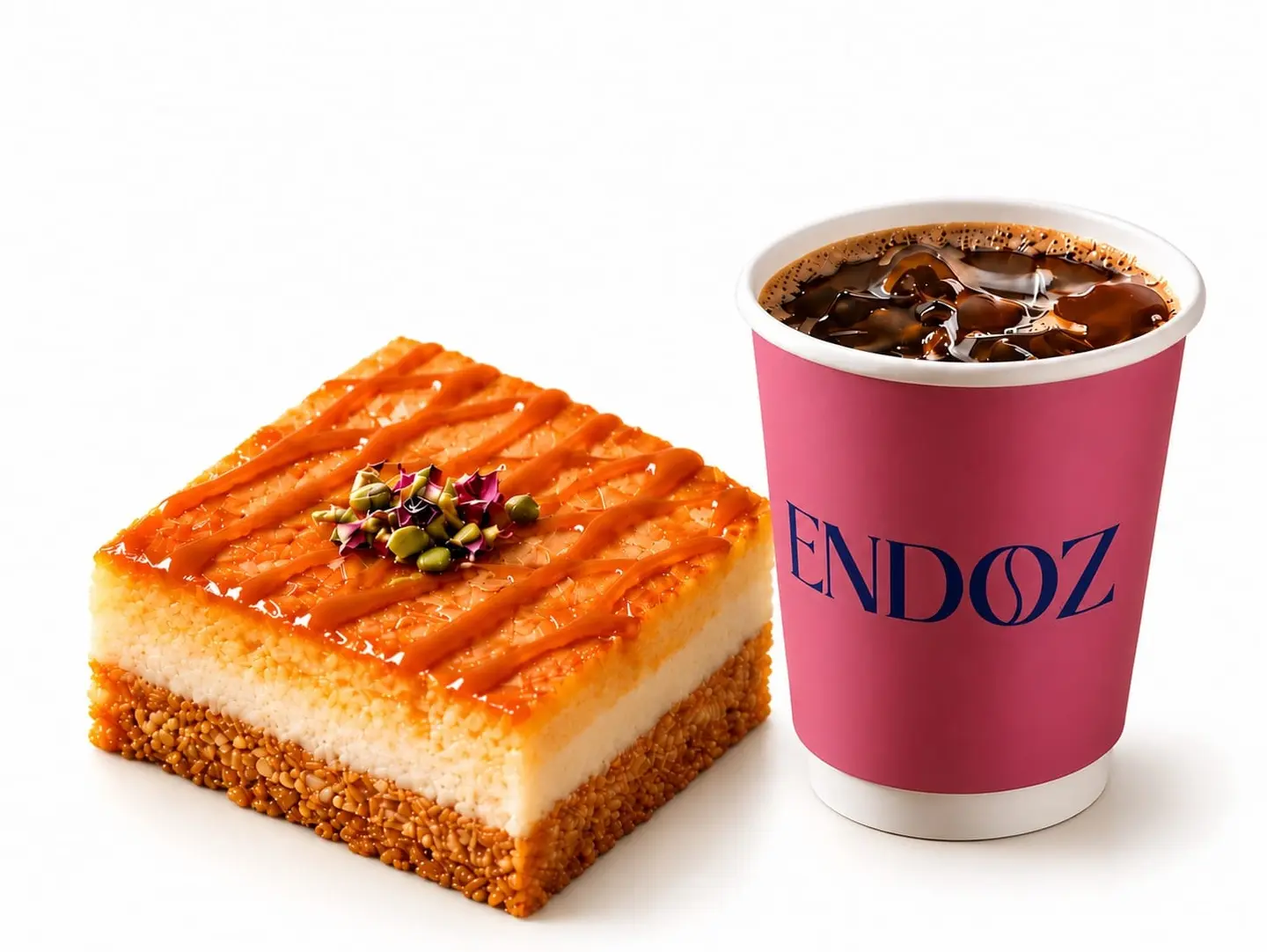 Medium Iced V60 And Caramel Cheese Basbousa