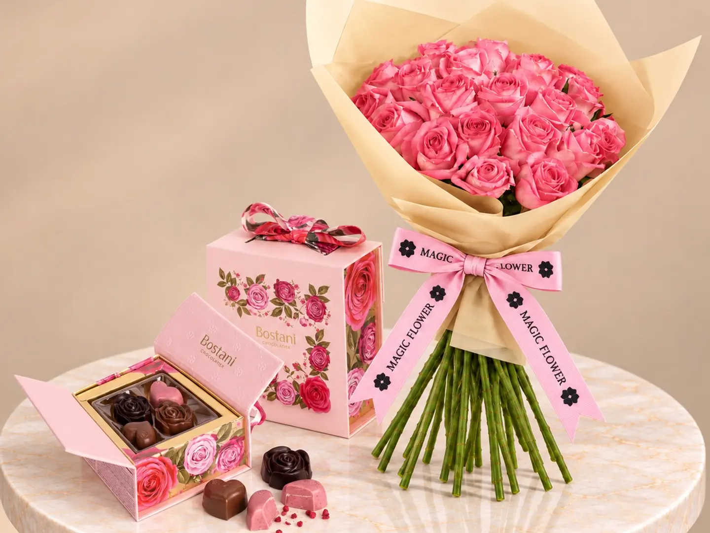 Pink Rose Bouquet With Chocolate