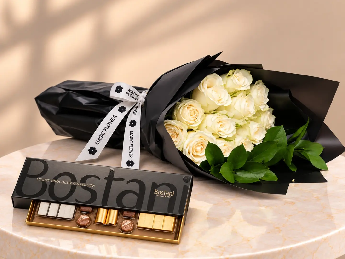 Cream Rose Bouquet With Chocolate Gift