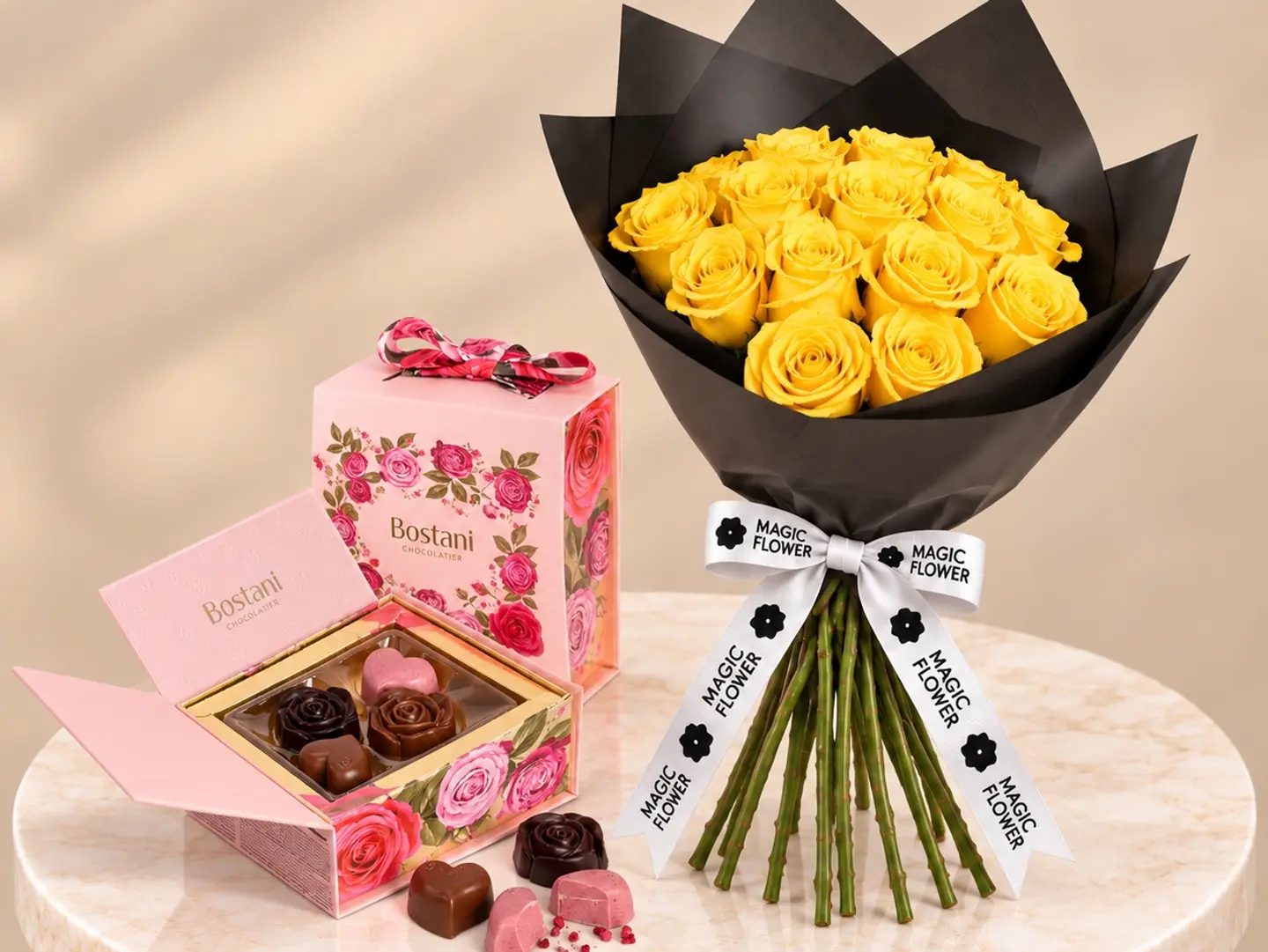 Yellow Rose Bouquet With Chocolate Box
