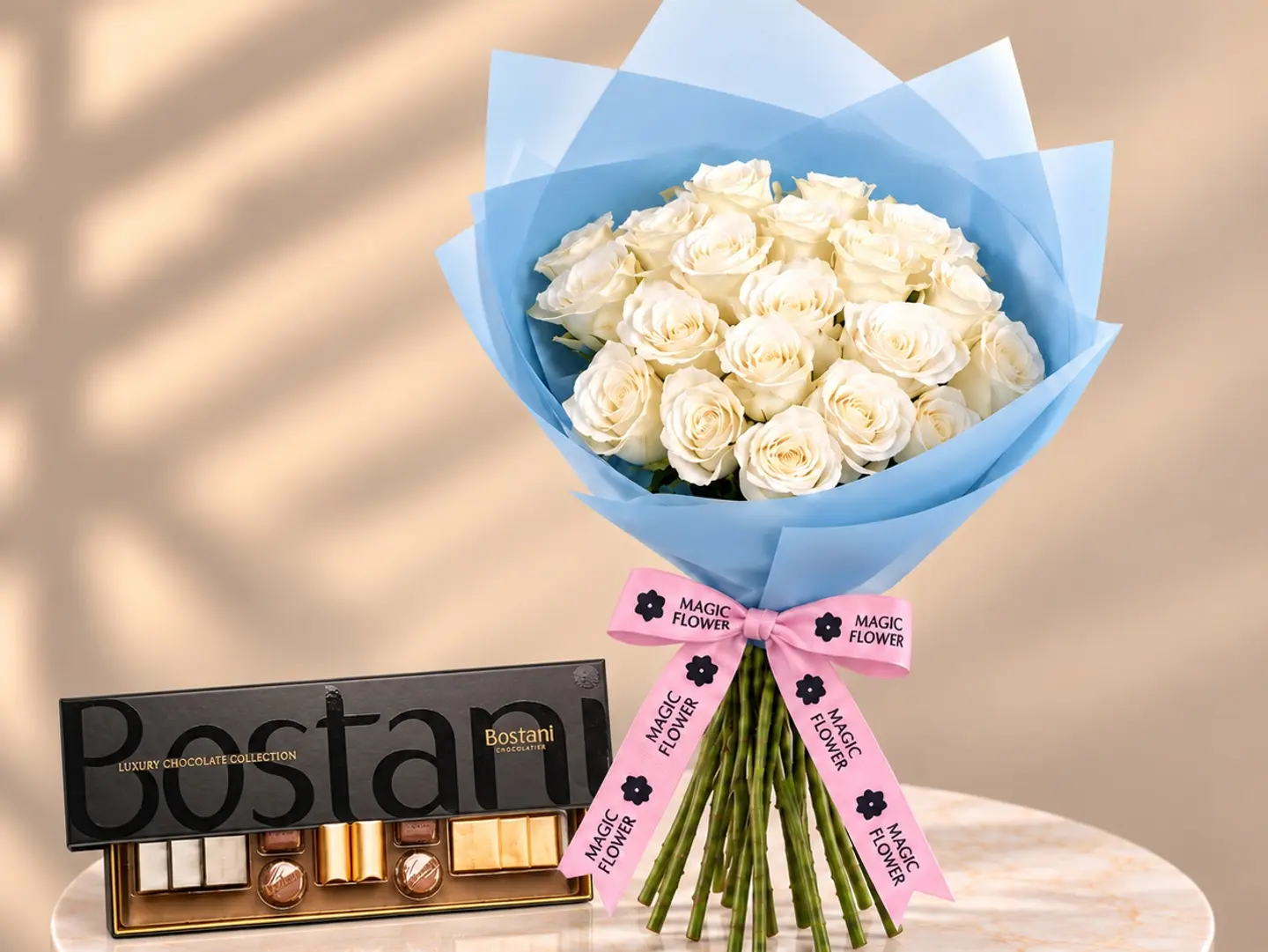 Cream Rose Bouquet With Chocolate