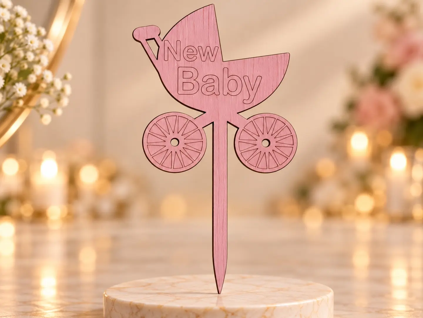 Pink New Baby Wooden Keychain