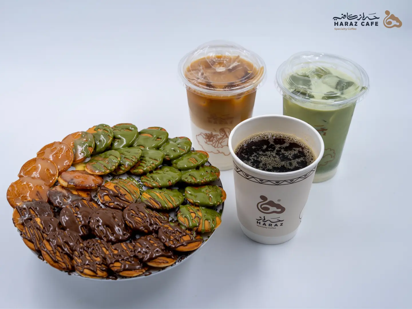 Coffee Of The Day, Matcha, Spanish Latte, And 16 Pancakes.