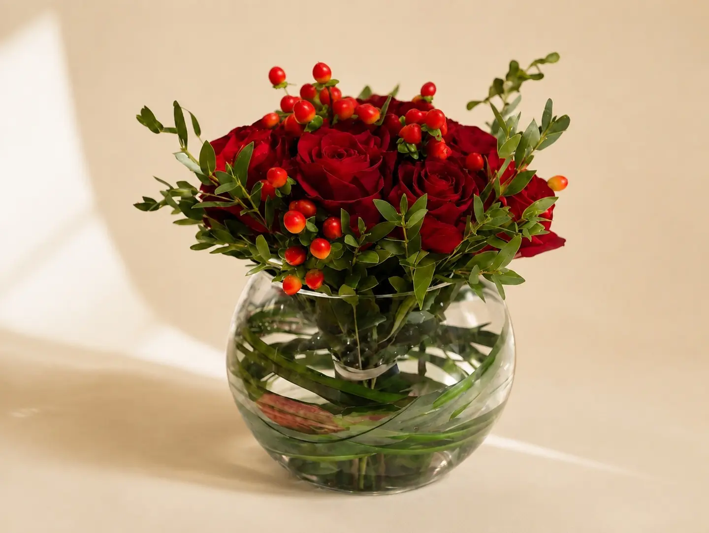 Red Rose Vase With Hypericum