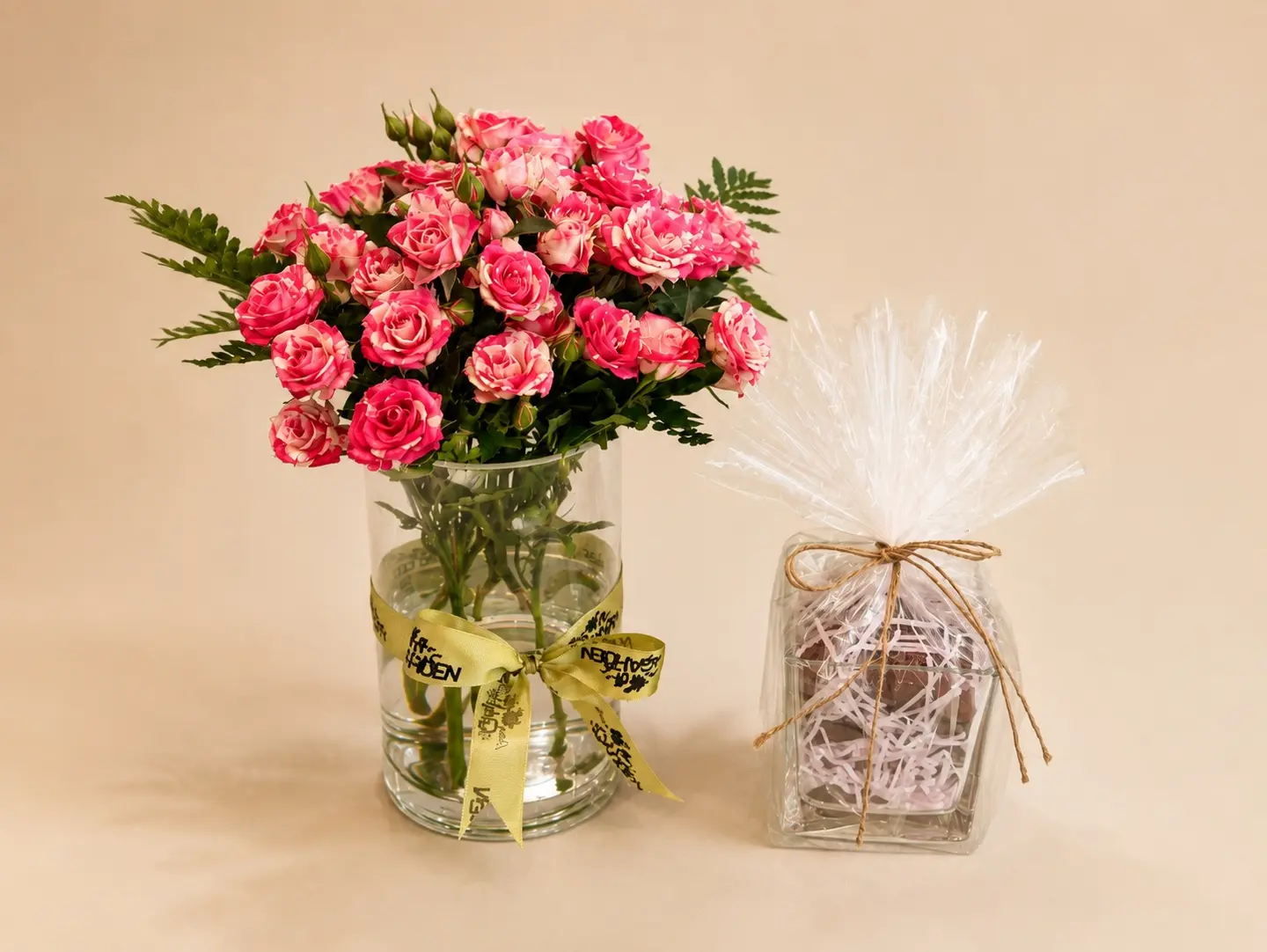 Flower Vase With Wrapped Chocolate Gift