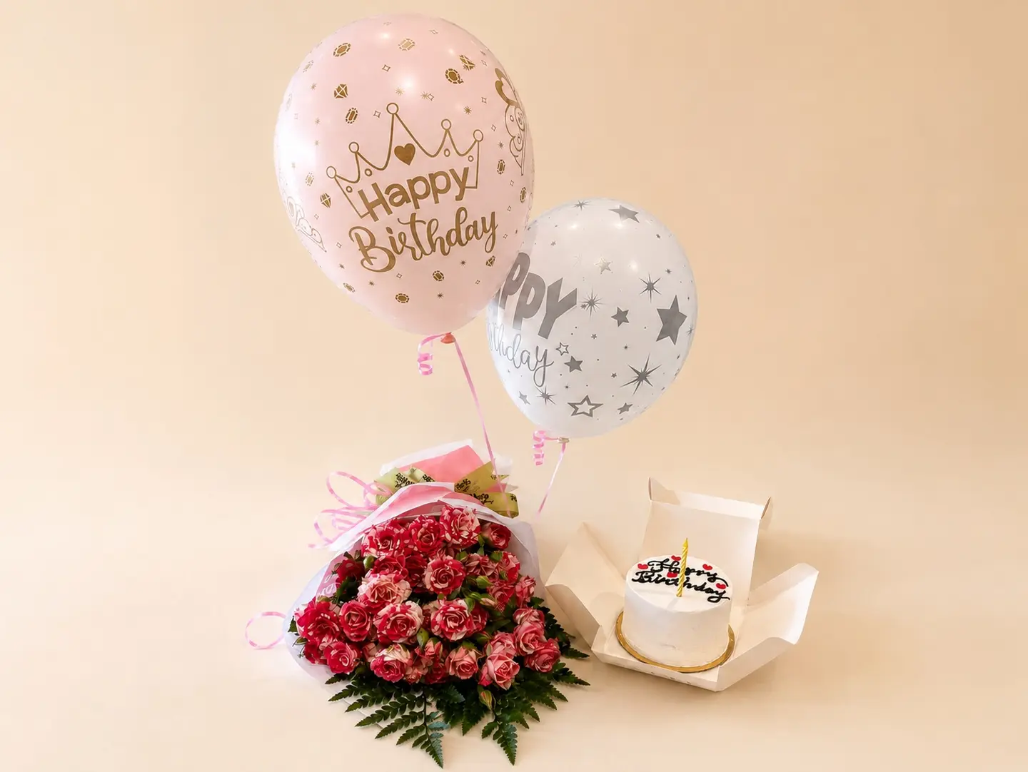 Birthday Bouquet With Cake & Two Balloons