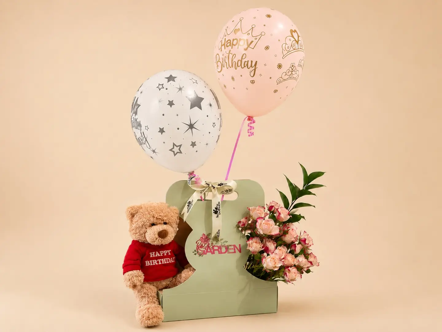 Birthday Gift Box With Teddy, Flowers & Two Balloons