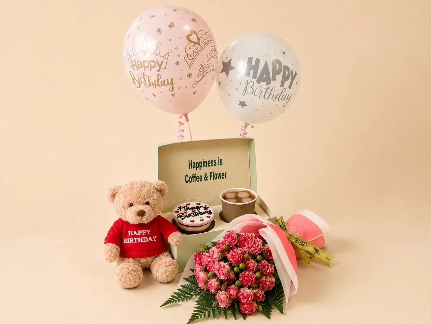 Birthday Celebration Bouquet With Cup Cake, Coffee, Teddy & Two Balloons