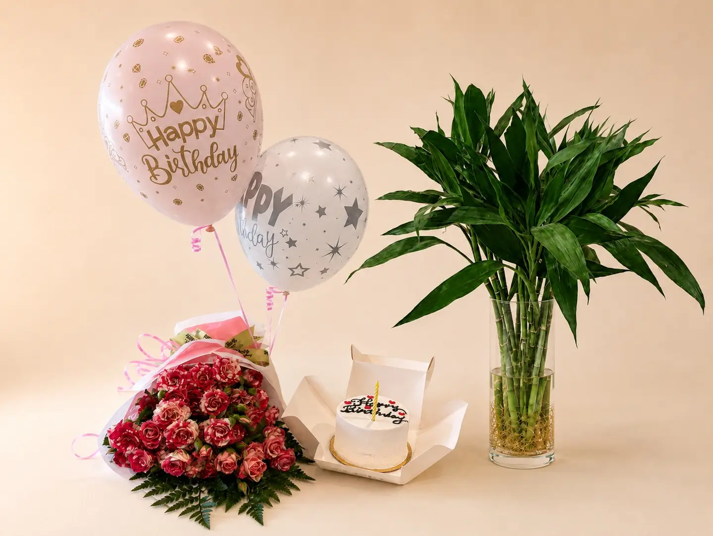 Birthday Bouquet With Cake, Lucky Bamboo & Two Balloons