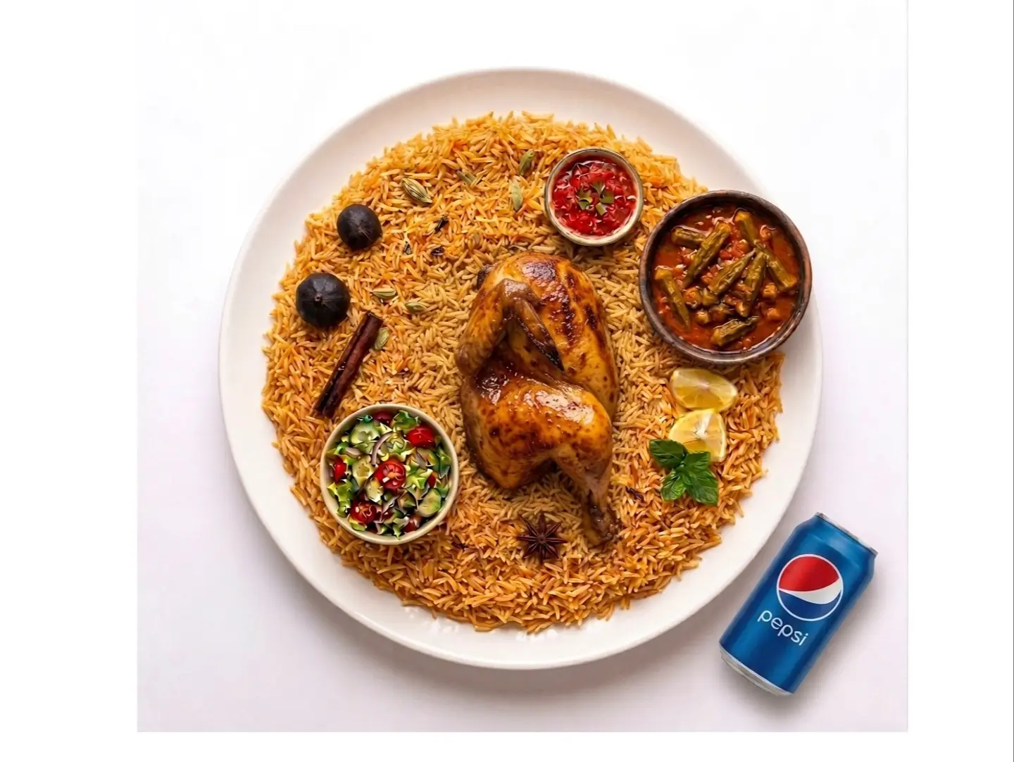 Half A Grilled Chicken With Mandi Rice A Vegetable Stew Idam And A Drink