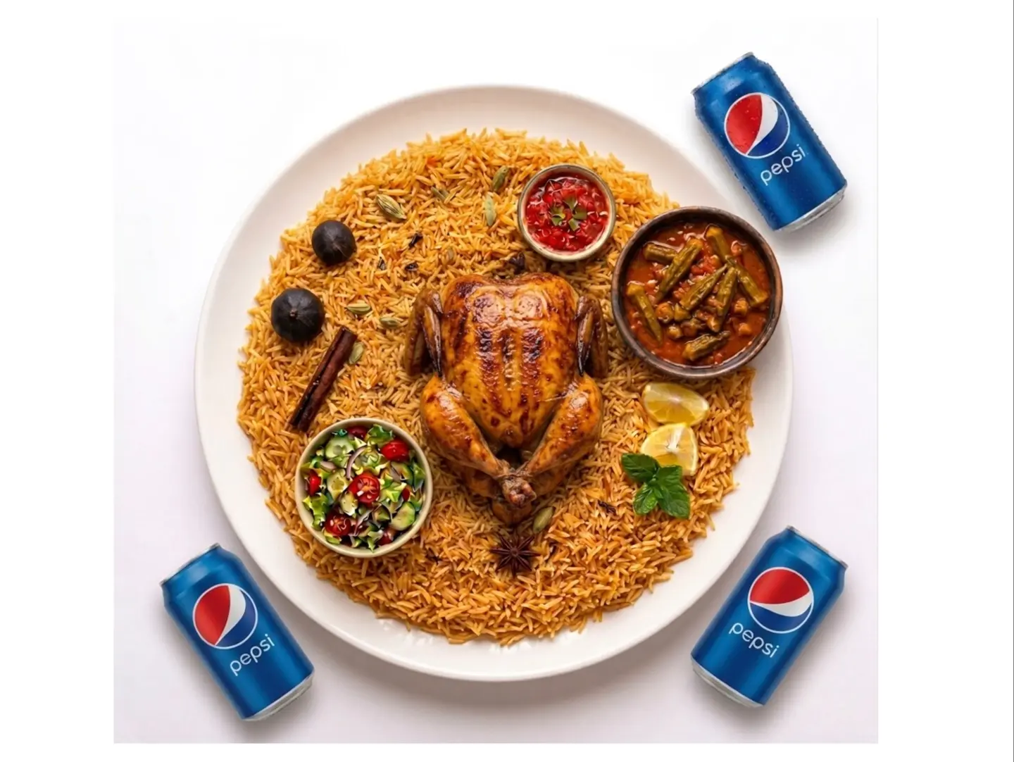 One Grilled Chicken Meal With Mandi Rice Salad A Side Stew Idam And Three Drinks