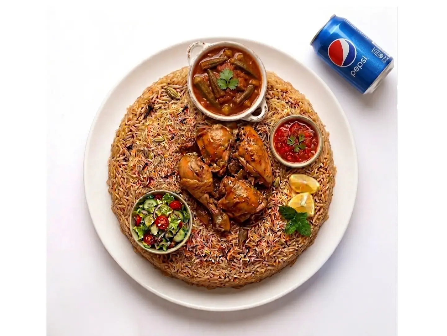 Half Chicken Madghout With Okra Stew And Pepsi