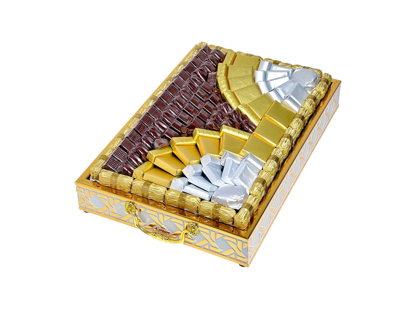 Elegant Rectangular Gold Tray With Assorted Chocolates