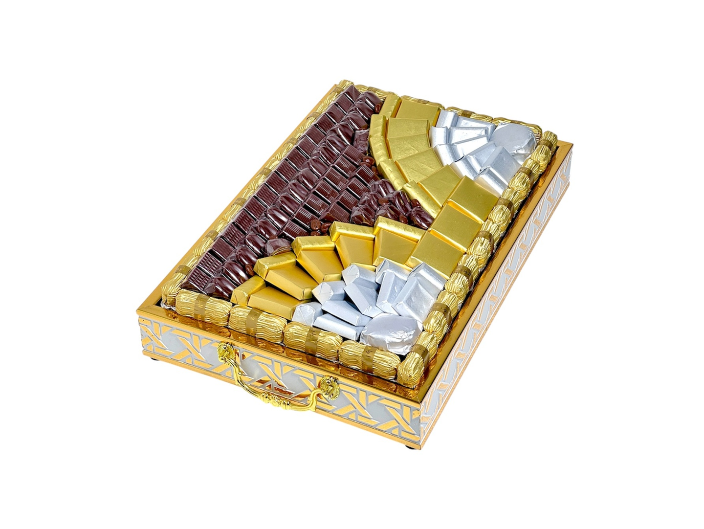 Elegant Rectangular Gold Tray With Assorted Chocolates