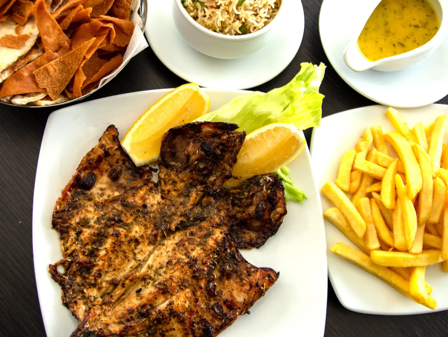 Grilled Fish With Chinese Rice & French Fries
