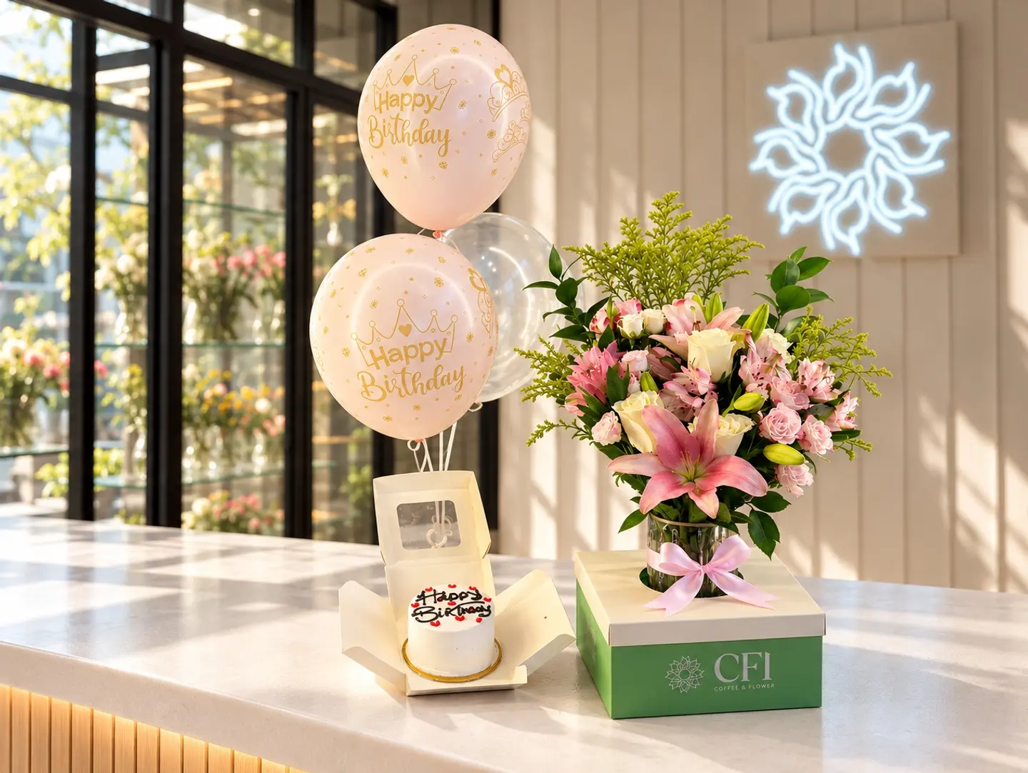 Occasion Gift Flowers Vase, Cake & Balloons