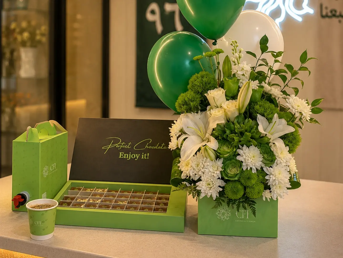 White Rose Bouquet, Chocolate & Coffee Box   Anta Ezzana