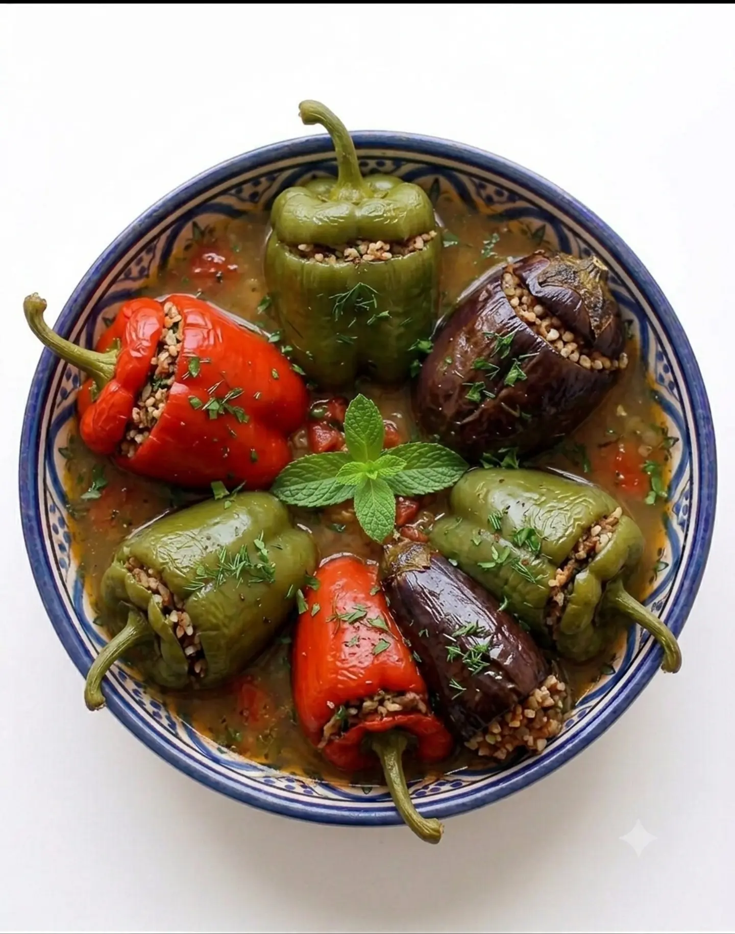 Two Bell Peppers Stuffed With Rice And Turkish Spices.
