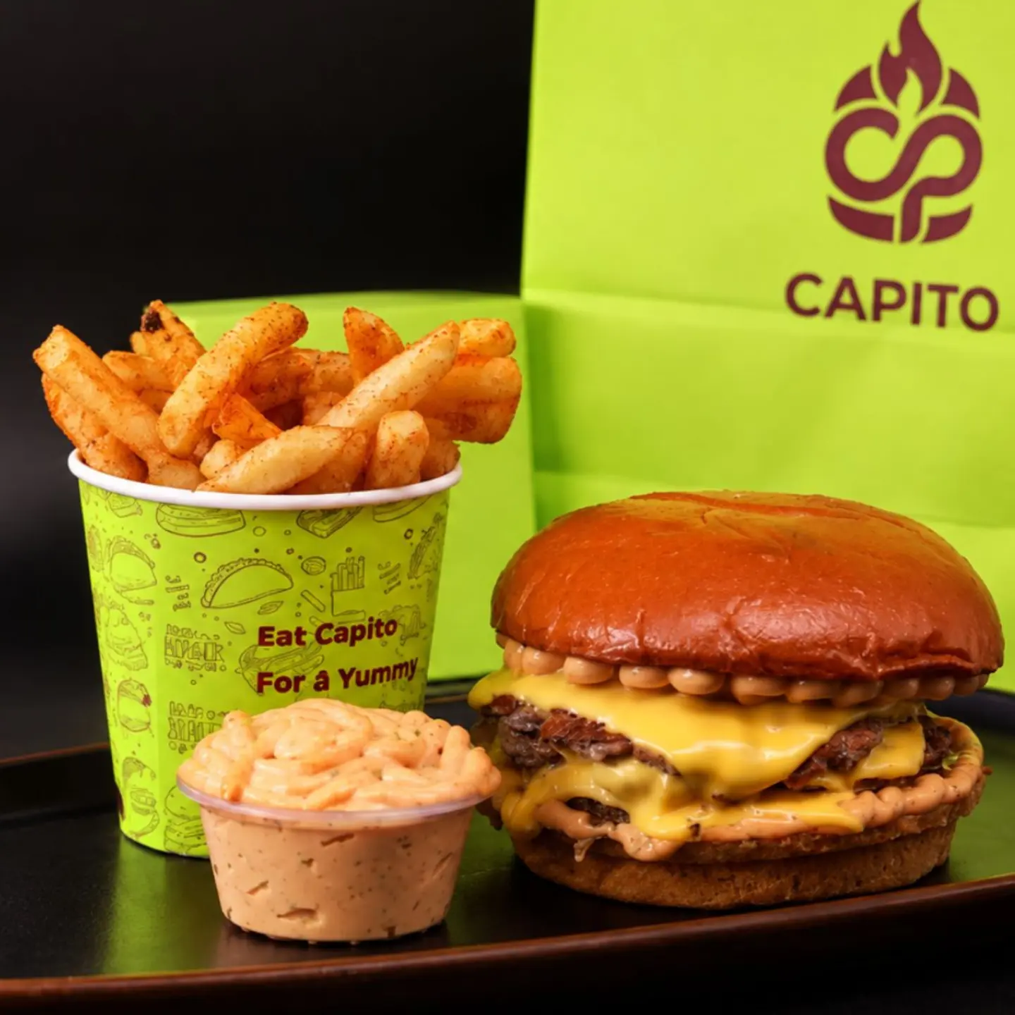 Double Beef Burger Meal With Fries And Sauce