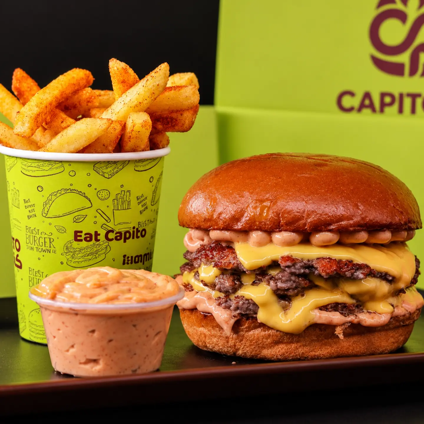 Triple Beef Burger Meal With Fries And Sauce