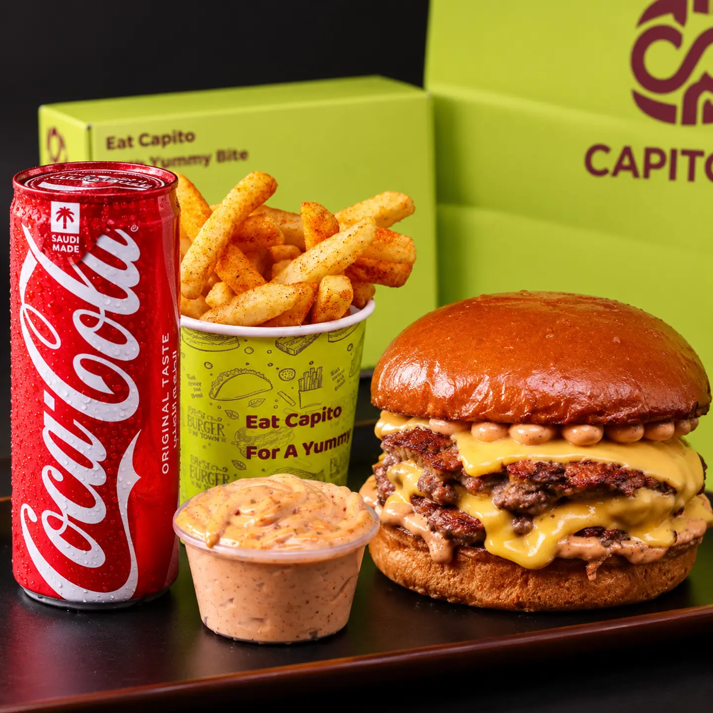 Triple Beef Burger Meal With Fries, Sauce And Drink