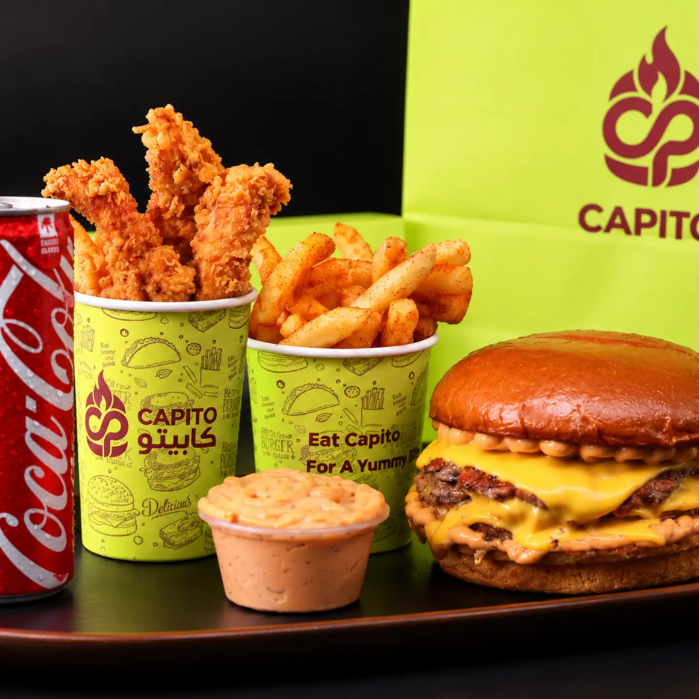 Double Beef Burger Meal With Strips, Fries, Sauce And Drink