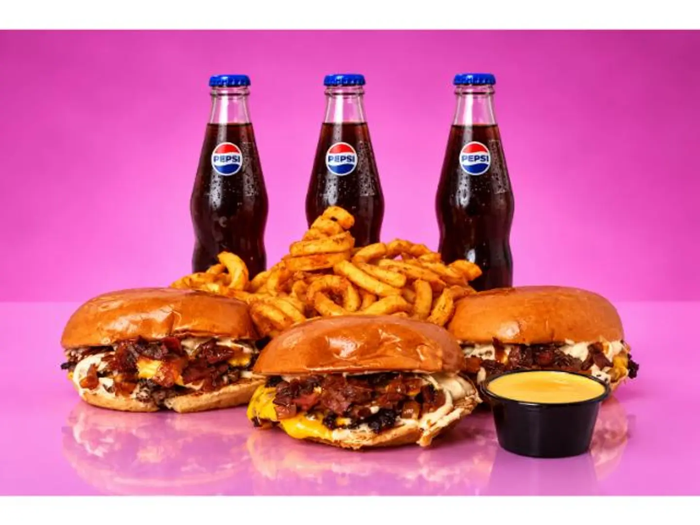 3 Double Bacon, 3 Curly Fries, 3 Drinks And 1 Cheese Sauce