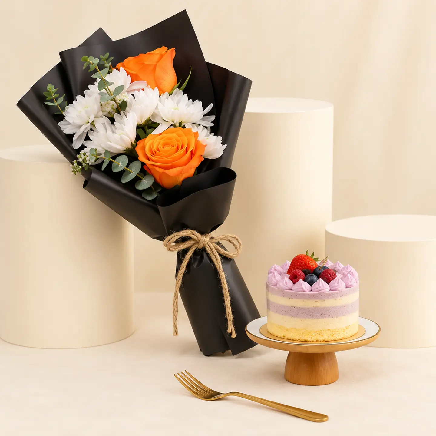 Raspberry Cake N Flower Bouquet Set Flowers N Cake