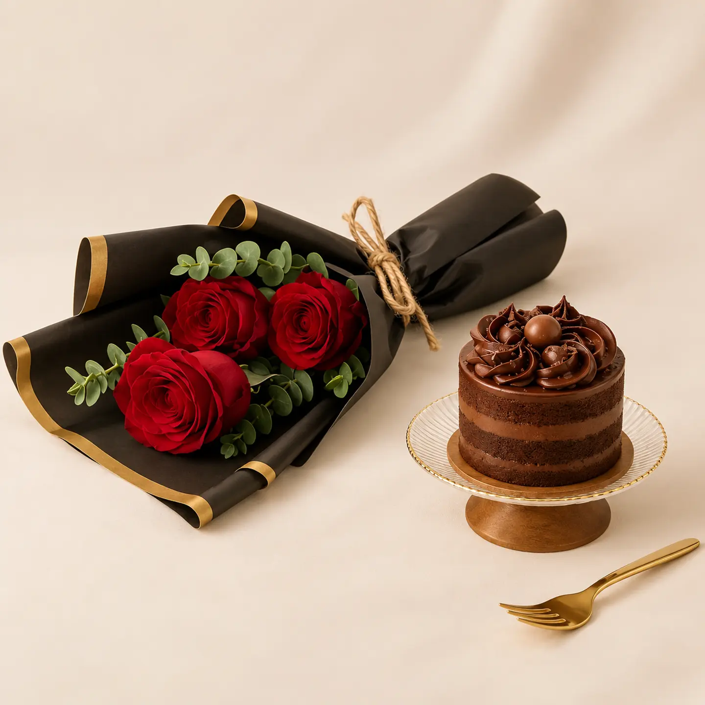 Chocolate Mini Cake & Red Roses Bouquet