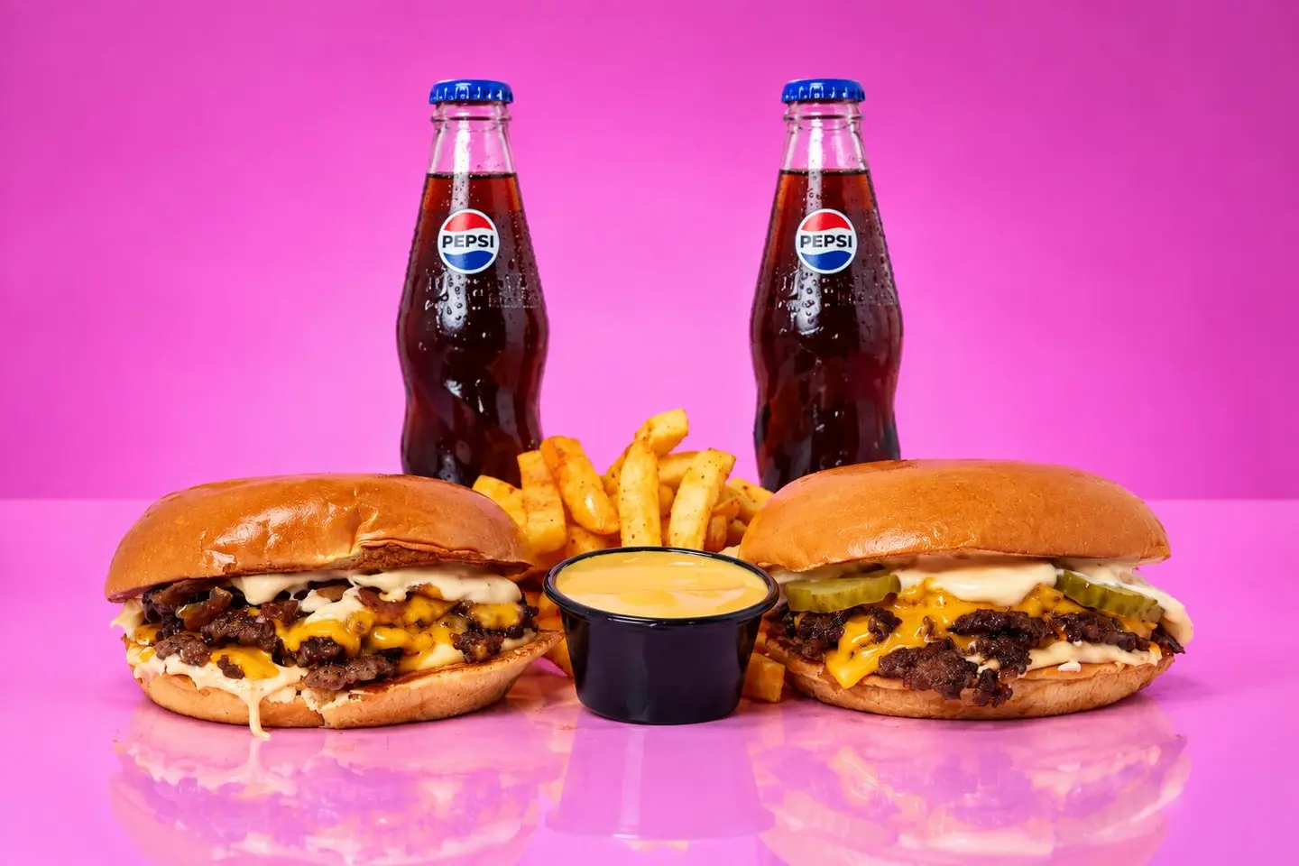 Triple Cheese Burger And 2 Bacon Burgers With Fries, 2 Drinks And 1 Cheese Sauce