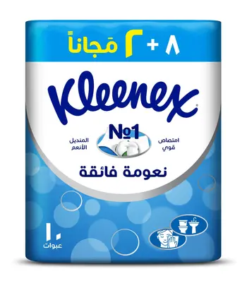 كلينكس مناديل نعومة فائقة رقم 1 في النعومة تقنية التجفيف السريع مناديل للوجه واليدين تصميم عبوة أنيق وعالي الجودة 10قطعه