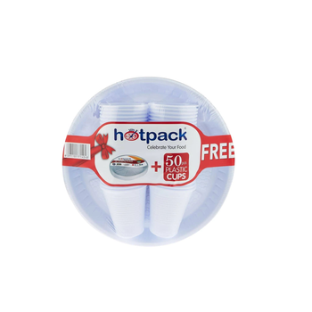هوتباك  طبق بلاستيك أبيض 10 بوصة 25 قطعة + كوب بلاستيك أبيض 6 أونصة، 50قطعة