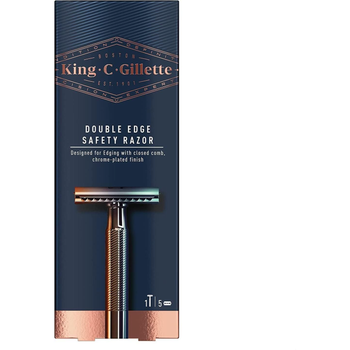 ماكينة الحلاقة جيليت كينغ سي بحوافٍ مزدوجة ومغطاة بالكروم مع غطاء أمان مع شفرات