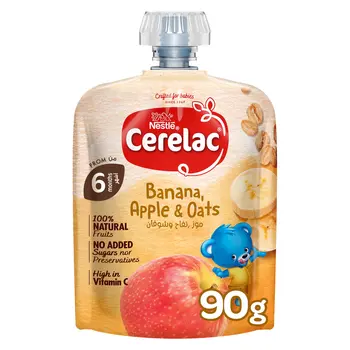 نستله سيريلاك كيس فواكه مهروسة موز تفاح شوفان من سن 6 أشهر عبوة اقتصادية 4×90جرام