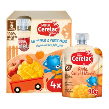 نستله سيريلاك كيس فواكه وخضراوات مهروسة تفاح وجزر ومانجو من سن 6 أشهر 4×90جرام
